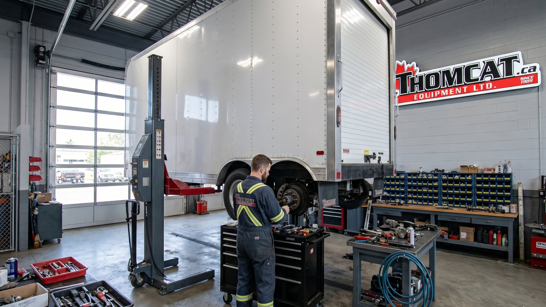 The Thomcat Trailers service bay with a mechanic working on an enclosed cargo trailer.