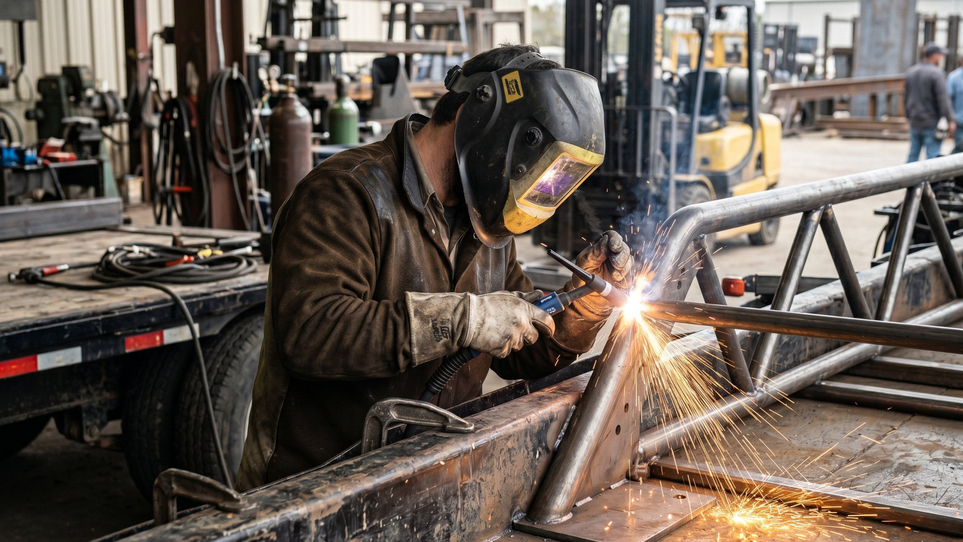 A Thomcat technician welds a steel rack onto a trailer with precision and expertise.