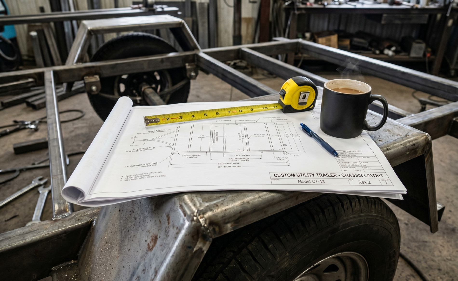 custom-trailer-plans-in-garage-workshop-under-construction-trailer An under-construction trailer is shown with its custom blueprint specs, showing the meticulous effort Thomcat Equipment puts into fabricating custom trailers.