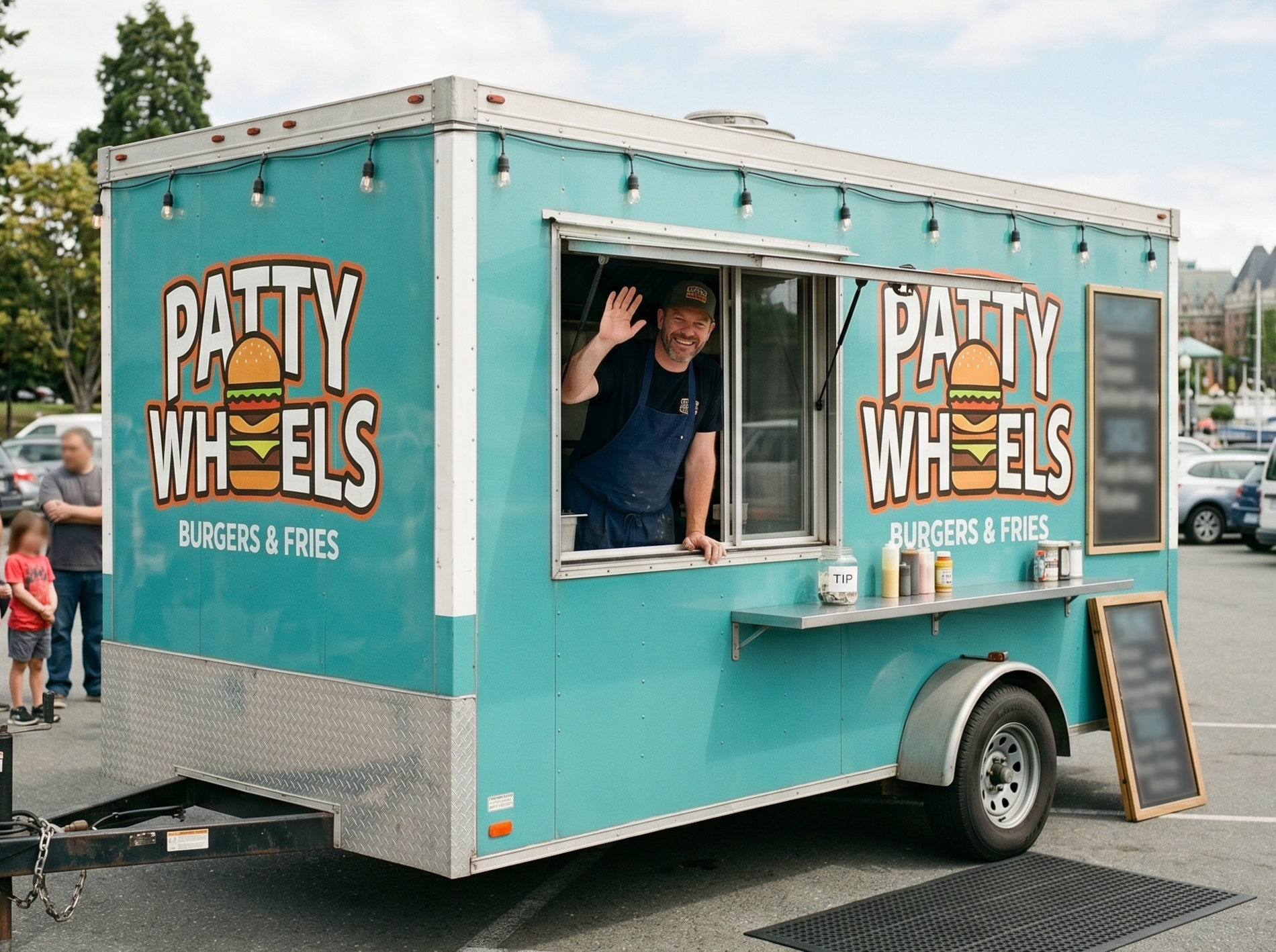 food-truck-trailer-conversion-patty-wheels-victoria-thomcat A food truck cargo trailer conversion by Thomcat in Victoria. The food truck owner waves from his service window. Business is Patty Wheels Burger and Fries.